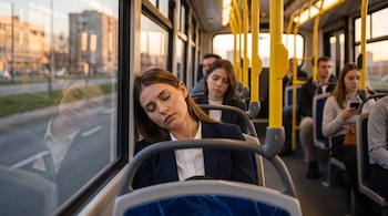 Una mujer vestida con saco azul duerme apoyada en la ventana de un autobús con barras amarillas y otros pasajeros al fondo.