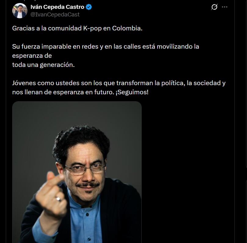 Iván Cepeda afirmó en su publicación que ese tipo de manifestaciones impulsa la transformación de la política y la sociedad en Colombia - crédito @IvanCepedaCast/X