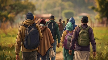 Grupo de personas con ropa casual y mochilas, vistas de espaldas, caminan por una senda de tierra y vegetación.