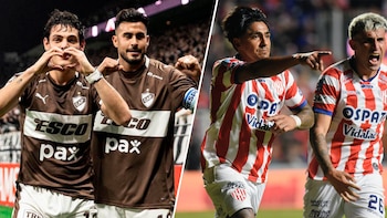 Composición dividida. Izquierda: dos jugadores de Platense con uniforme marrón. Derecha: dos jugadores de Unión con uniforme a rayas rojas y blancas