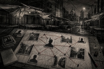 Dibujo a lápiz de un mapa con fotos e hilos rojos sobre una mesa de madera, frente a una calle nocturna desierta con puestos de mercado.
