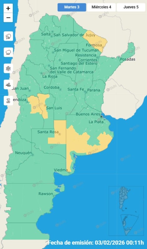 El Servicio Meteorológico Nacional ha emitido alertas amarillas por fenómenos meteorológicos para varias provincias de Argentina, incluyendo Formosa, San Luis, La Pampa y Buenos Aires (SMN)