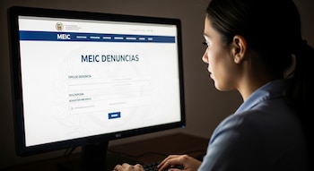 Una mujer de perfil derecho mira atentamente la pantalla de una computadora que muestra el sitio web "MEIC Denuncias" con campos para "Tipo de denuncia" y "Descripción".