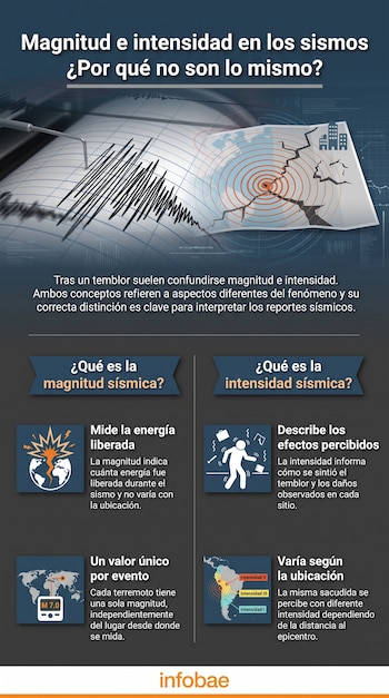 Infografía sobre magnitud e intensidad de sismos, sismógrafo, mapa con epicentro y grietas, mapa mundial, mapa de Sudamérica, iconos explicativos, texto y logo Infobae.