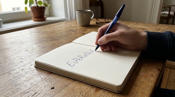 Una mano sostiene un bolígrafo azul y escribe "EsPeRaNzA" en un cuaderno blanco abierto sobre una mesa de madera en un cuarto iluminado.