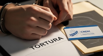 Primer plano de manos esposadas de una persona sentada sobre un expediente legal abierto que dice "TORTURA" y una tarjeta institucional de la CNDH, con enfoque nítido.