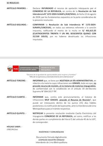 Documento oficial impreso de Sunafil con el logotipo del Gobierno de Perú y un texto que detalla una resolución sobre una multa administrativa