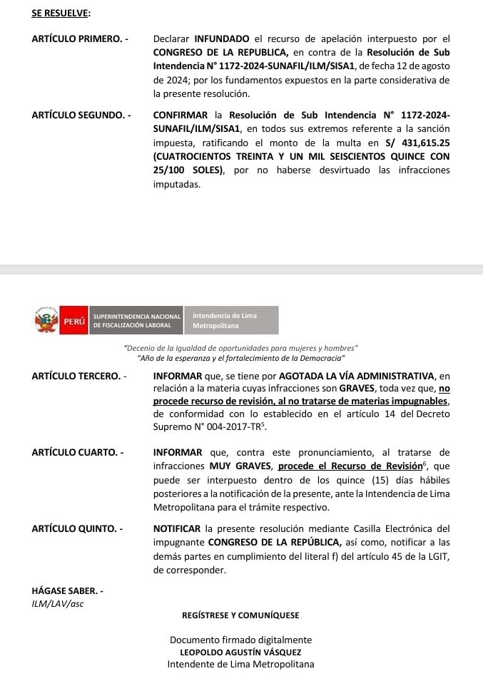 La Superintendencia Nacional de Fiscalización Laboral de Perú confirmó una multa de 431 615 soles al Congreso de la República tras declarar infundado su recurso de apelación.
