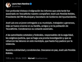 Laura Haro Ramírez condena asesinato.