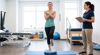Una mujer realiza un test de equilibrio unipodal sobre una colchoneta, y otra mujer observa con un portapapeles. Hay equipamiento de rehabilitación al fondo.