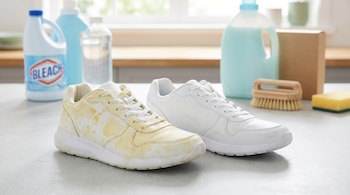 Dos tenis deportivos, uno sucio con manchas amarillas y otro limpio, junto a botellas de blanqueador y detergente, un cepillo y una esponja.
