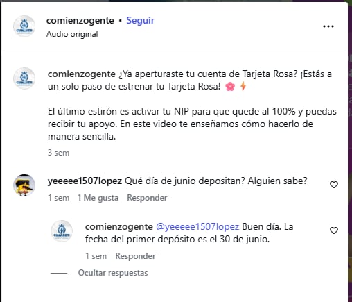 Una captura de pantalla muestra una conversación en redes sociales donde se confirma el 30 de junio como la fecha del primer depósito para la Tarjeta Rosa. (Secretaría del Nuevo Comienzo/ Instagram)