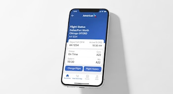 Um iPhone branco sobre fundo branco, mostrando a tela de informações de voo do aplicativo da American Airlines com informações sobre o voo AA 1234.