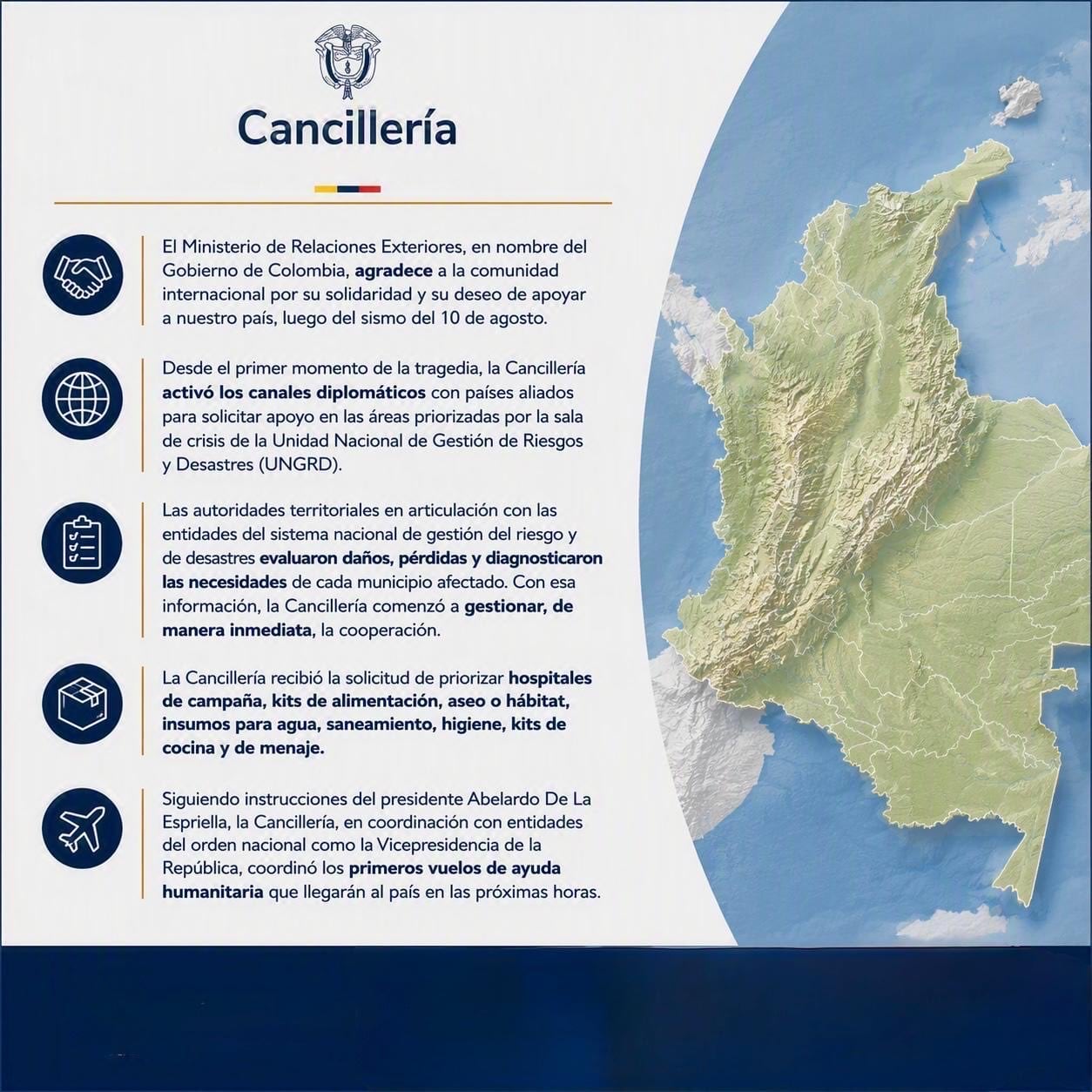 La Cancillería de Colombia pidió apoyo internacional y creó un puesto de mando para coordinar las ofertas de gobiernos y organismos multilaterales - crédito @CancilleriaCol/X