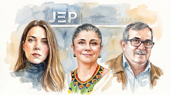 Pintura en acuarela de dos mujeres y un hombre con bigote y gafas, situados bajo el texto y logotipo de la Jurisdicción Especial para la Paz.