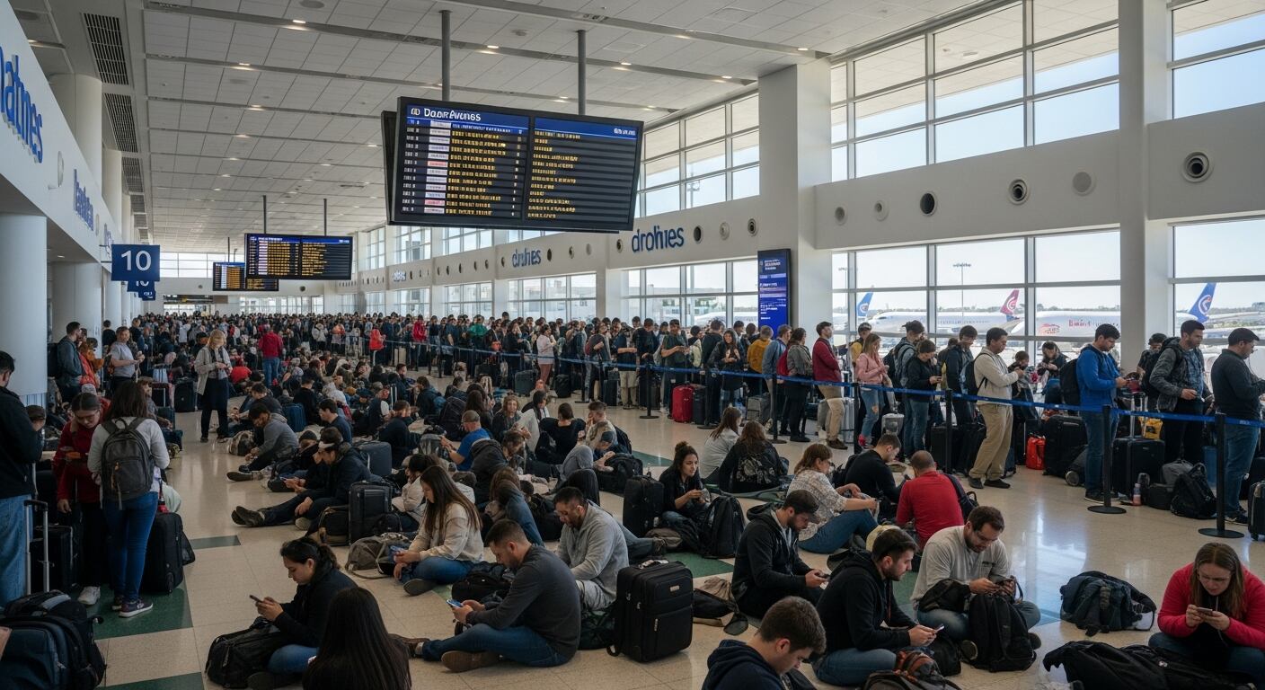 Cientos de pasajeros, muchos sentados en el suelo, esperan en largas filas debido a significativas demoras en un aeropuerto de Estados Unidos. (Imagen Ilustrativa Infobae)