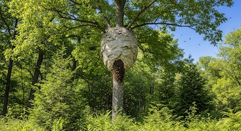 Nido de avispones blanco y marrón en el tronco y ramas de un árbol alto con follaje verde, rodeado de vegetación baja y cielo azul claro.