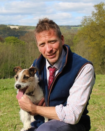 Hombre con chaleco azul y corbata sostiene un perro blanco y marrón en un campo verde; árboles y figura de caballo blanco en la colina al fondo