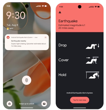 Dos pantallas de teléfono móvil muestran una notificación de alerta de sismos y una pantalla con magnitud 6.1, distancia y tres pictogramas de seguridad