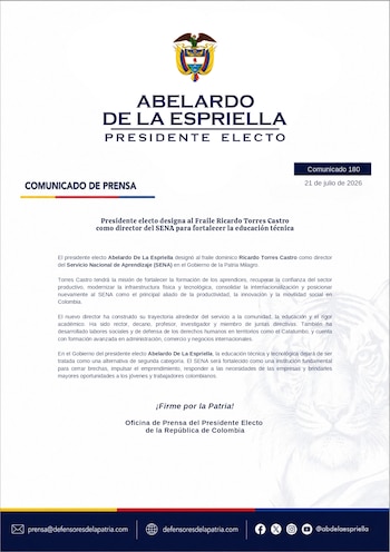 El Gobierno de la Patria Milagro encargó al nuevo director del Sena la modernización de la institución y su vínculo con la productividad y la innovación - crédito prensa Abelardo de la Espriella