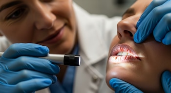 Un médico con guantes azules y bata blanca, sosteniendo una linterna, examina los labios agrietados de un paciente, que tiene la boca ligeramente abierta.