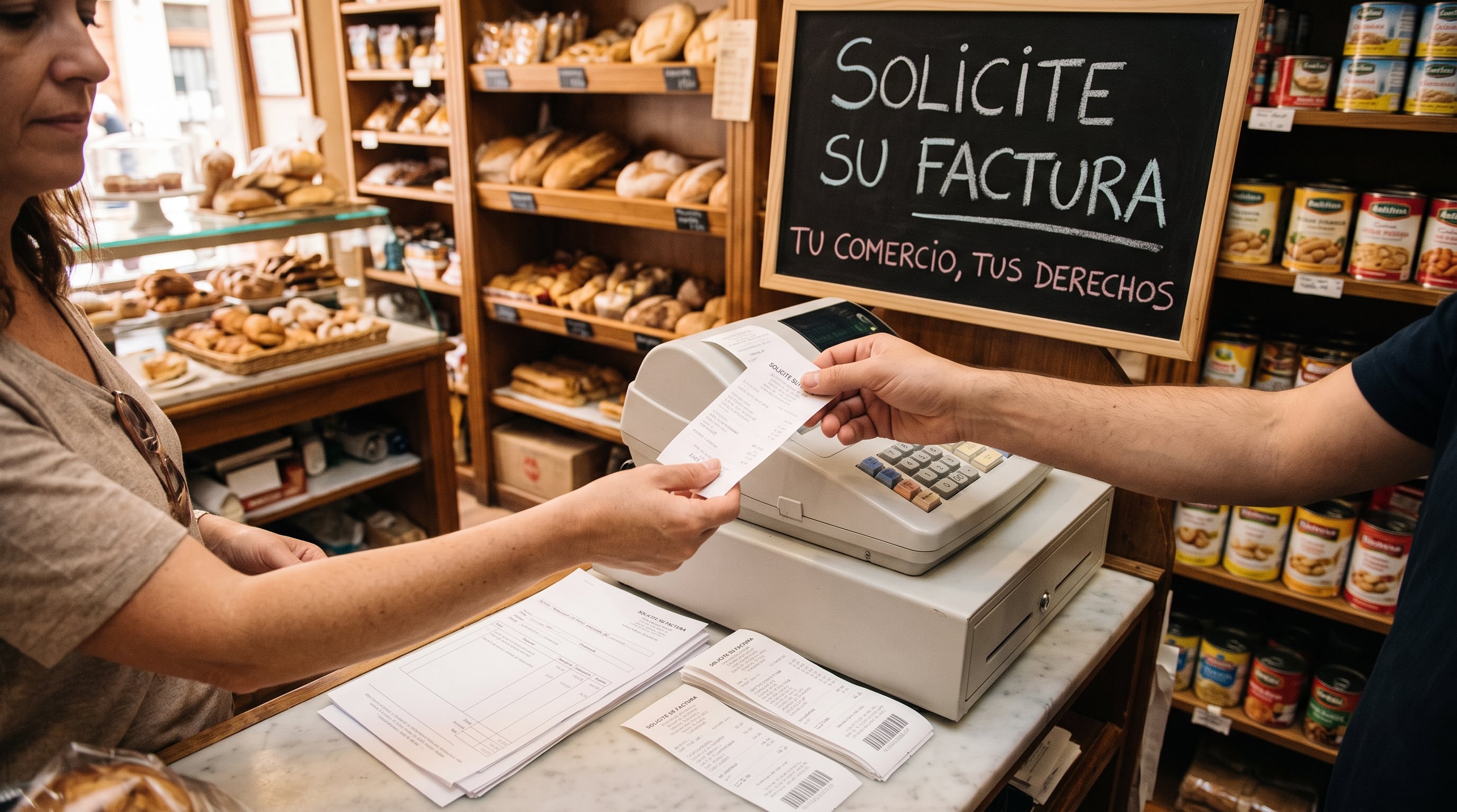 Un comerciante entrega la factura de compra a una cliente en el mostrador de un establecimiento comercial junto a un cartel sobre derechos de consumo. (Imagen Ilustrativa Infobae)