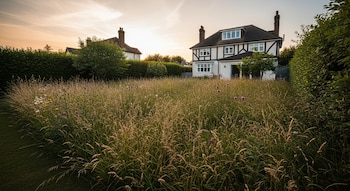 Vista de un jardín de césped alto y flores moradas, amarillas y blancas, con una casa blanca y negra de dos pisos al fondo bajo un cielo al atardecer.