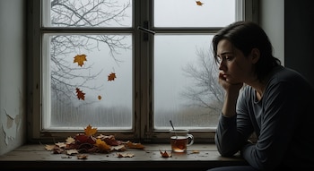 Una persona de perfil sentada junto a una ventana, mirando hacia un exterior borroso y gris. Hojas secas de otoño y una taza de té sobre el alféizar de madera.