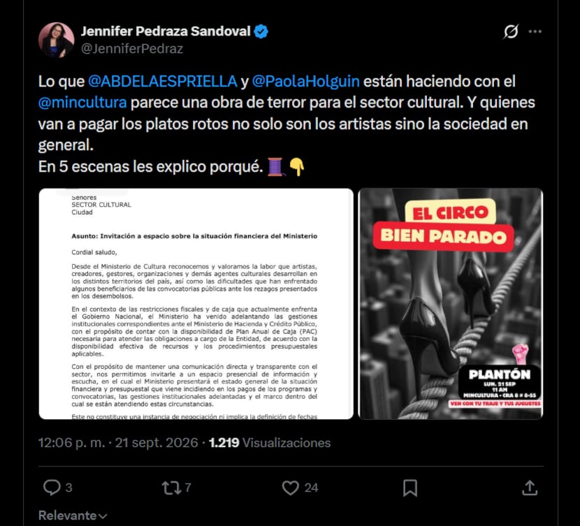 La senadora Jennifer Pedraza cuestionó a Abelardo de la Espriella y a Paola Holguín por el manejo del Ministerio de Cultura y criticó la falta de diálogo con el sector cultural - crédito X