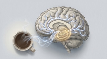 Dibujo de un cerebro humano visto desde arriba con líneas de circuitos neuronales azules y una zona dorada CA2. Una taza de café humeante a la izquierda, su vapor se dirige al cerebro. Fondo gris claro.