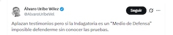 El expresidente Álvaro Uribe Vélez se refirió al aplazamiento de las audiencias en las que se escucharán los testimonios de declarantes en el proceso penal que se surte en su contra - crédito @AlvaroUribeVel/X