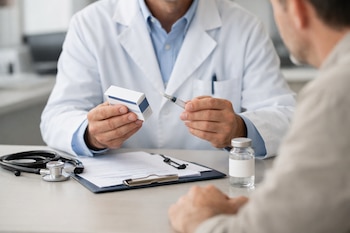 Un médico con bata blanca sostiene una caja de medicamento y una jeringa frente a un paciente. Sobre un escritorio se ven un estetoscopio, una carpeta y un frasco.