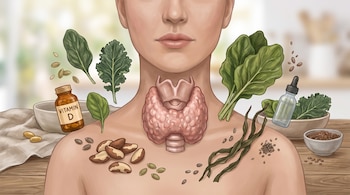 Cuello y torso de persona, glándula tiroides, hojas de espinaca, col rizada, nueces de Brasil, semillas de calabaza, semillas de lino, algas marinas, botella de vitamina D y cuentagotas.
