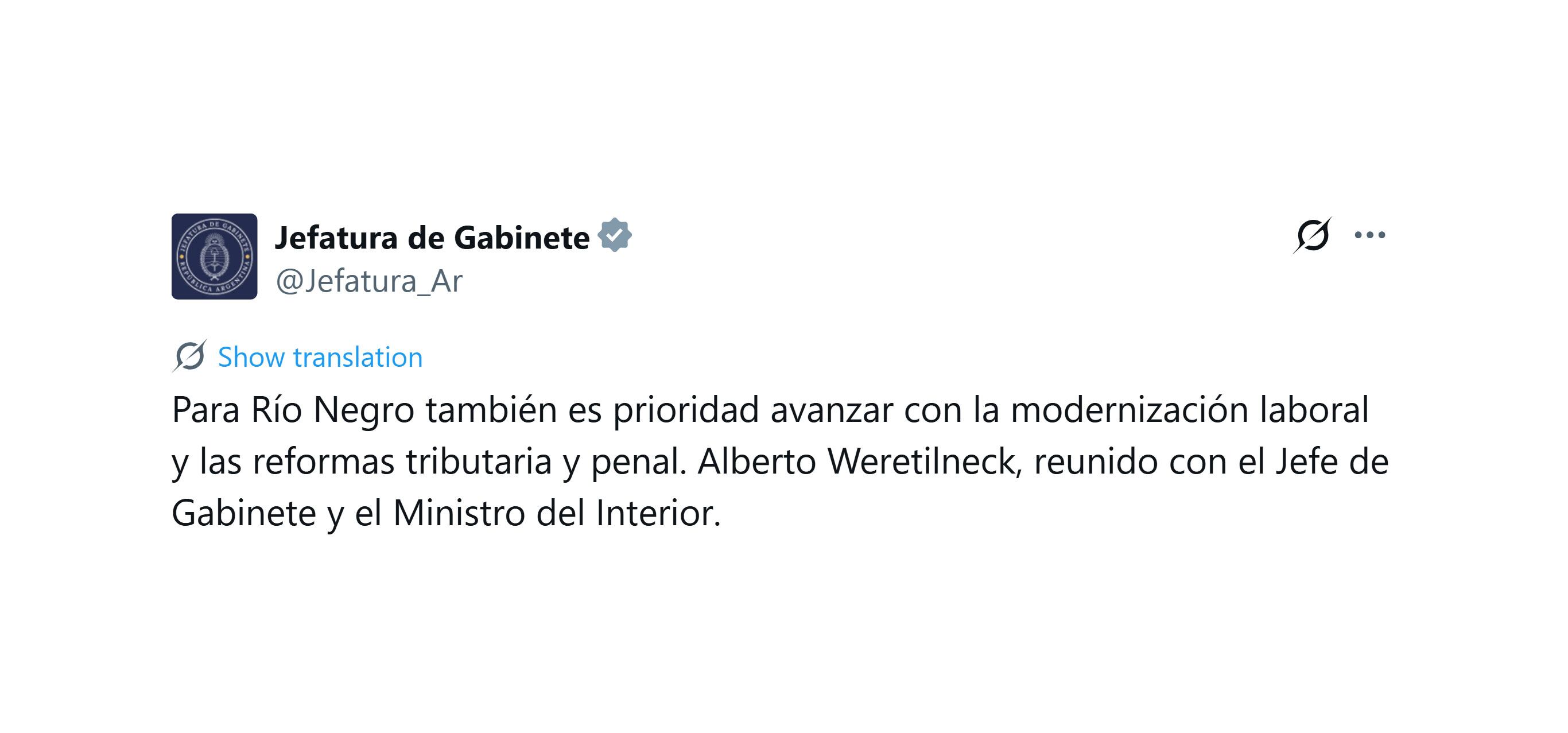 El tuit de la jefatura de Gabinete hizo foco en la alianza política con el gobernador
