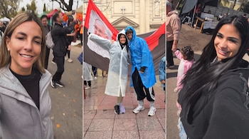 Tres fotografías de personas en la calle, incluyendo dos jóvenes frente a una bandera con el rostro del papa Francisco y una iglesia.