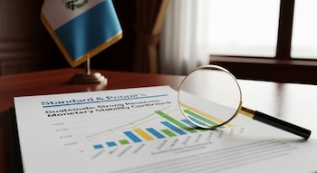Primer plano de un informe de Standard & Poor's con gráficos y texto sobre Guatemala, una lupa encima, y una pequeña bandera guatemalteca al fondo sobre una mesa de madera.