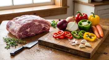 Carne de cerdo cruda, cuchillo de cocina, sal, pimienta, cebollas, pimientos de colores, zanahorias, ajos y hierbas frescas sobre una mesa de madera.