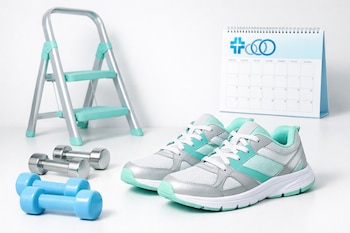 Mancuernas plateadas y azules, zapatillas deportivas grises y turquesa, una escalera de dos peldaños y un calendario de mesa con el logo de Mass General Brigham.