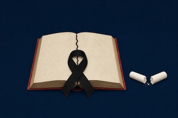 Un libro abierto con una grieta central y un lazo negro sobre sus páginas junto a una tiza blanca partida sobre un fondo azul.