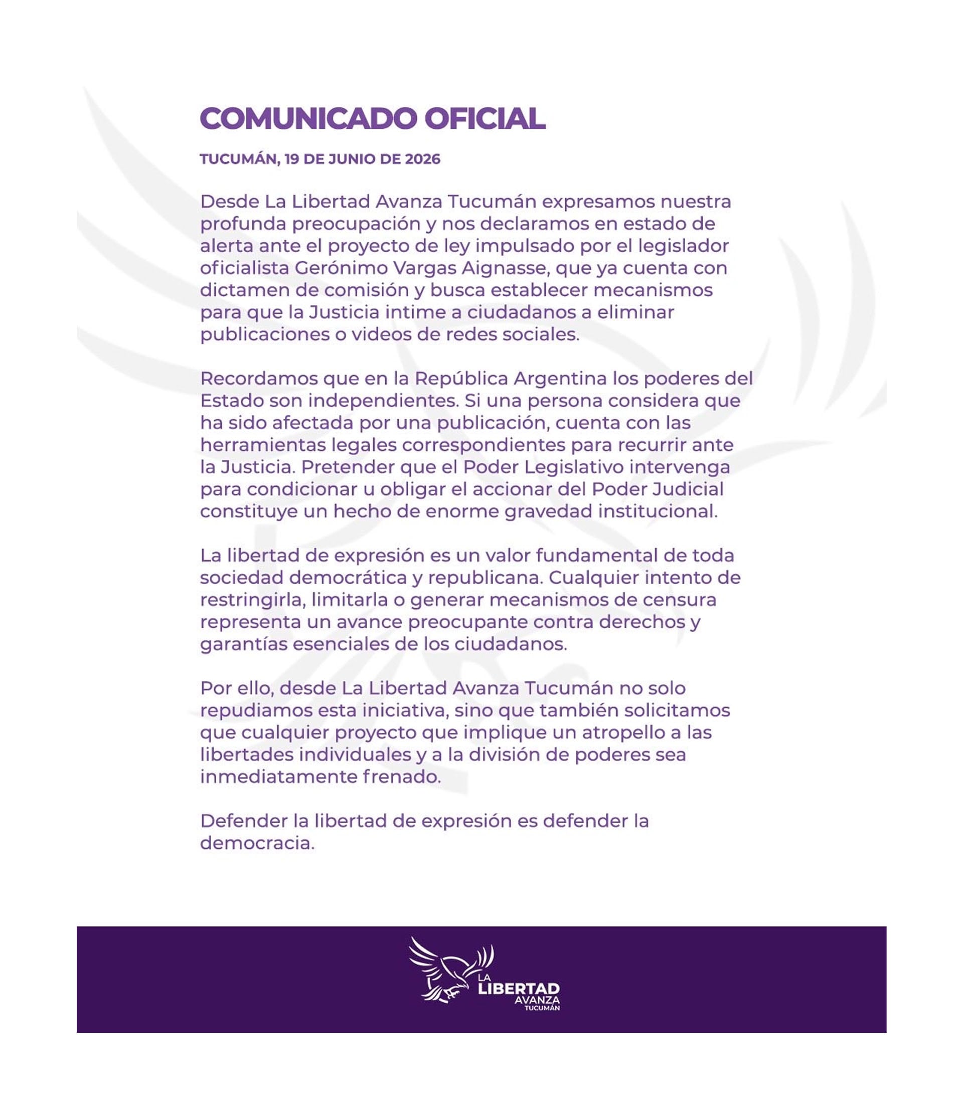 El comunicado oficial de LLA de Tucumán