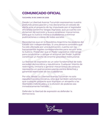 Comunicado de La Libertad Avanza de Tucumán sobre el proyecto de Vargas Aignasse