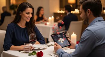 Pareja usando un código QR en un parque durante San Valentín