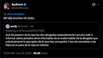 Captura de pantalla de un tuit de Wanda Nara con el texto “Mi hija encima vio todo”, en respuesta a otro tuit de usuario “smile”, con fecha 24 de junio de 2026