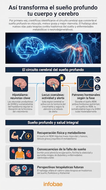 Infografía con cerebro, cuerpo humano, diagramas de hipotálamo y locus coeruleus, gráfico de patrones hormonales, iconos de salud física y cerebral.