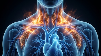 Ilustración 3D de un torso humano semitransparente azul con depósitos de grasa parda activos, en tonos ámbar y naranja, y un sistema cardiovascular azul en el pecho y cuello.