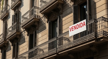 Fachada de edificio en Barcelona con balcones de hierro forjado y persianas de madera; un cartel blanco con 'VENDIDA' en rojo cuelga de un balcón.
