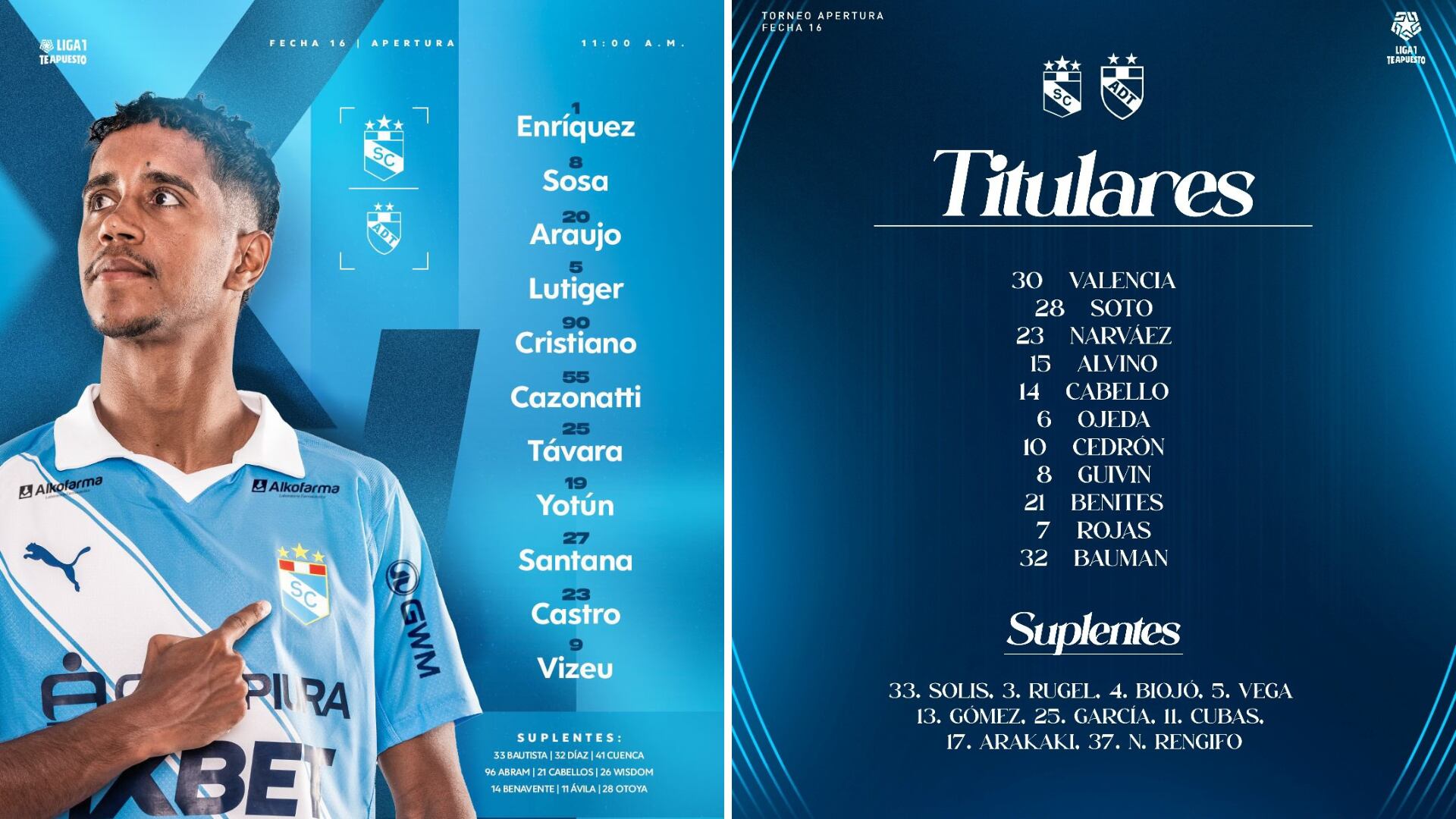 Alineaciones confirmadas del Sporting Cristal vs ADT para duelo por fecha 16 del Torneo Apertura 2026.