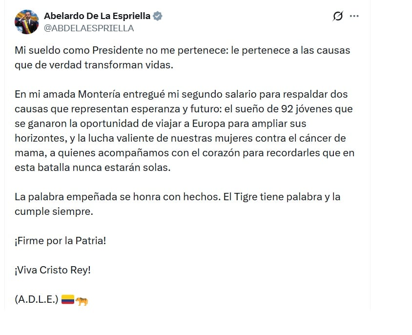Abelardo de la Espriella dijo que el sueldo de presidente de Colombia no le pertenece - crédito @abdelaespriella/X