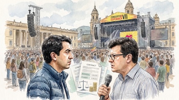 Ilustración acuarela de dos hombres frente a frente, documentos de contrato y balanza. Al fondo, la Plaza de Bolívar con un escenario de concierto y público.