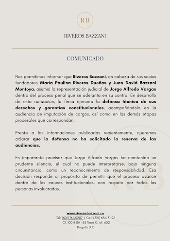 La defensa de Jorge Vargas afirmó que no pidió la reserva de las audiencias y sostuvo que su silencio no implica reconocimiento de responsabilidad.- crédito Firma Riveros Bazzani
